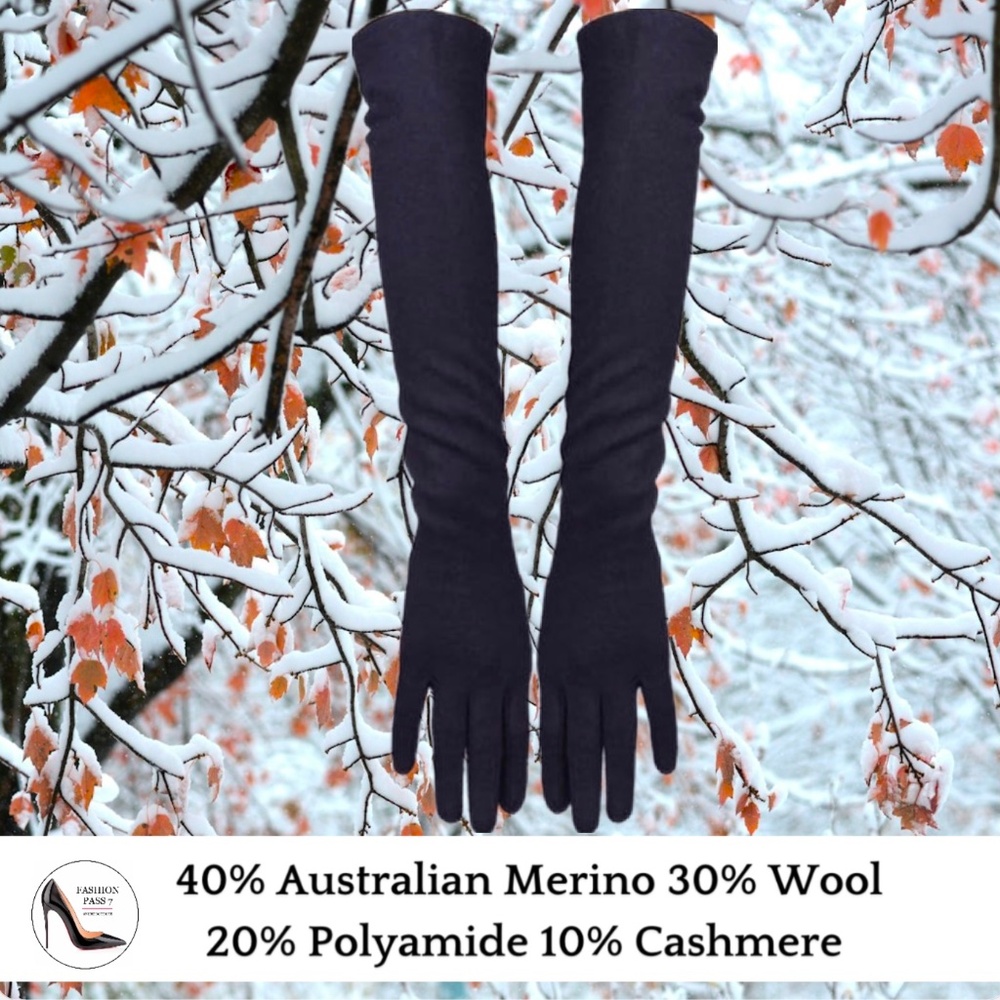 Luxury Long Cashmere Merino Wool Gloves Classical Black Elbow Length Wool Gloves
